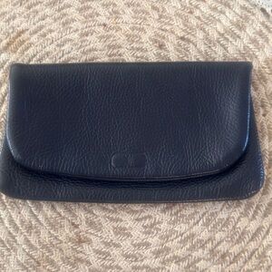 Vintage mid century Pebbled Leather Clutch purse, navy blue, zipper pockets